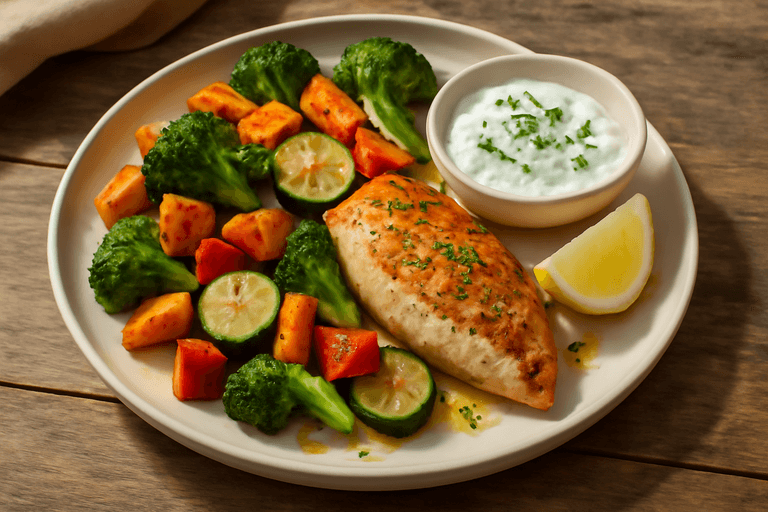 Kycklingfilé med rostade grönsaker & örtdressing