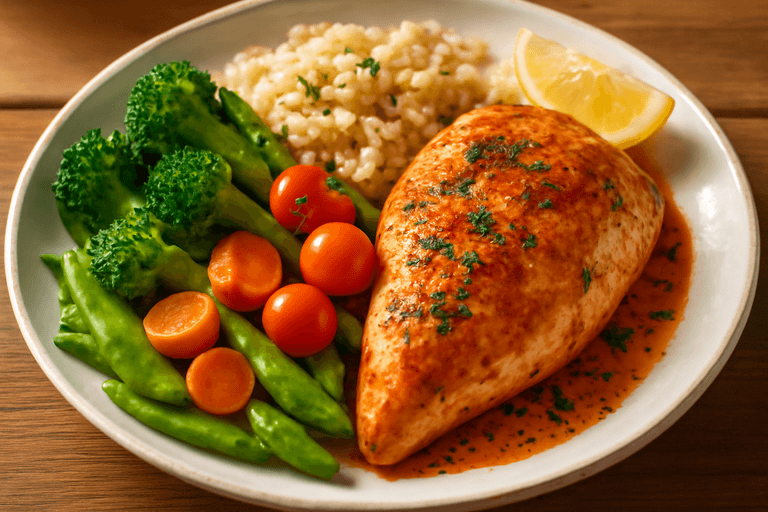 Saftig ovnsbakt kyllingfilet med grønnsaker og fullkornsris