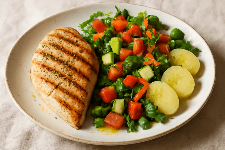 Κοτόπουλο Σχάρας με Πολύχρωμη Σαλάτα & Βραστή Πατάτα