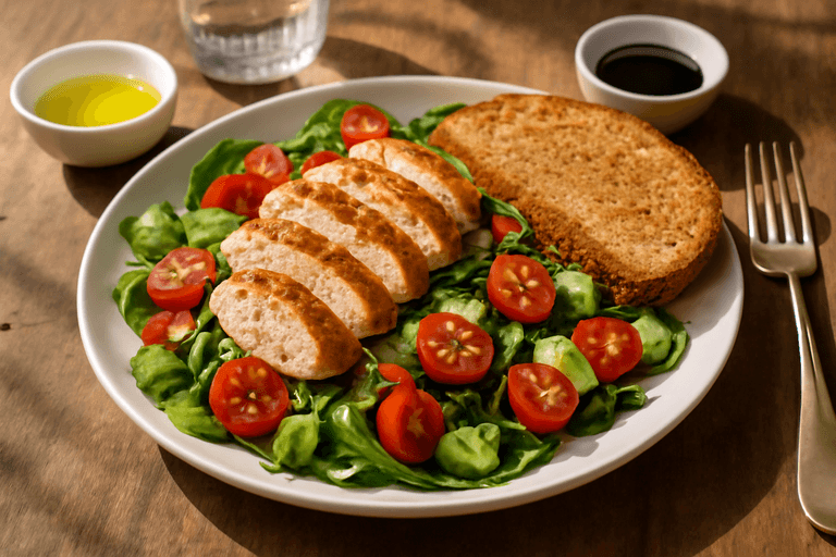 Klassisk Kycklingsallad med Rostade Grönsaker och Fullkornsbröd