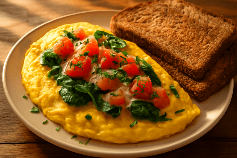 Omelette énergétique au fromage, épinards et pain complet