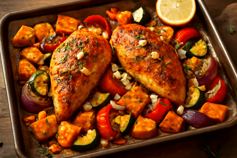 Poulet rôti aux patates douces et légumes méditerranéens