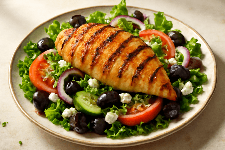 Pollo a la plancha con ensalada mediterránea