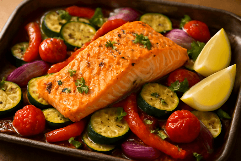 Salmón al Horno con Verduras Mediterráneas