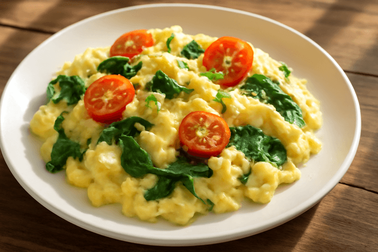 Proteinrik klassisk äggröra med spenat och tomat