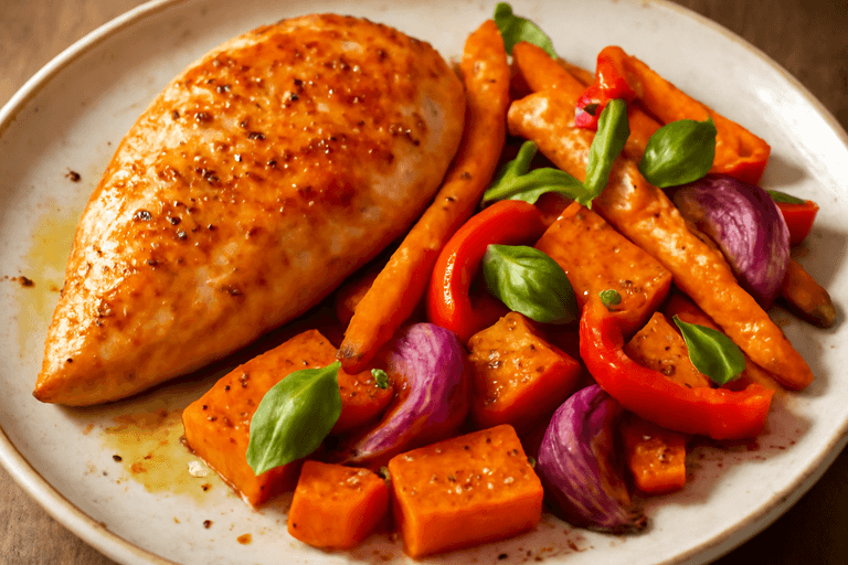 Kycklingfilé med rostade grönsaker och färsk basilika