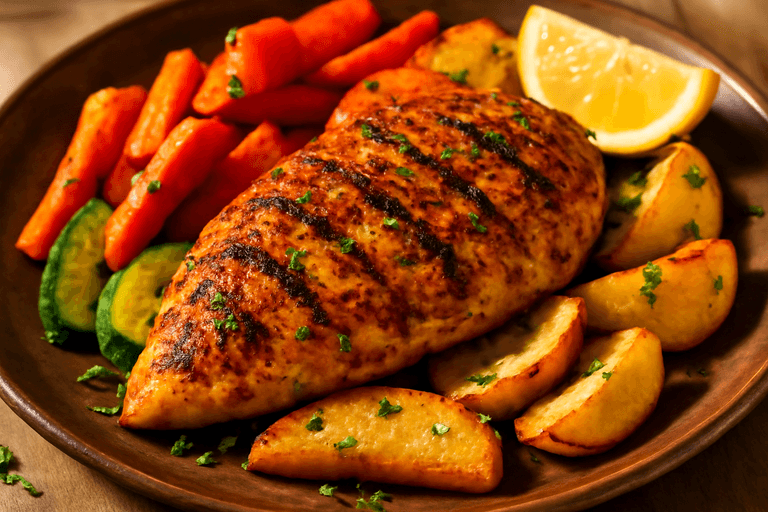 Klassieke Gegrilde Kipfilet met Geroosterde Groenten & Aardappelen