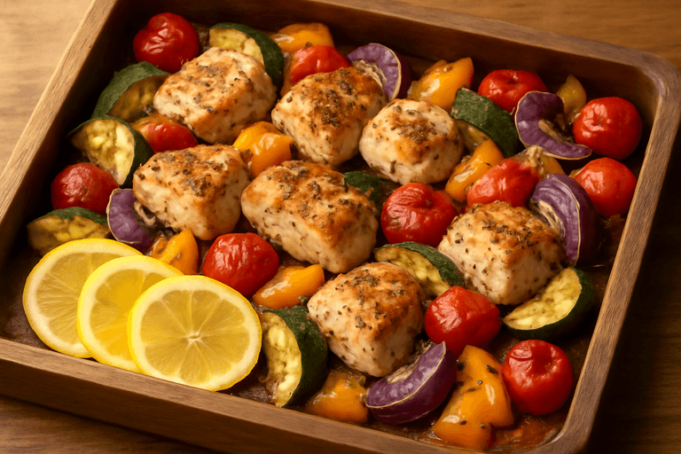 Pui la cuptor cu legume mediteraneene