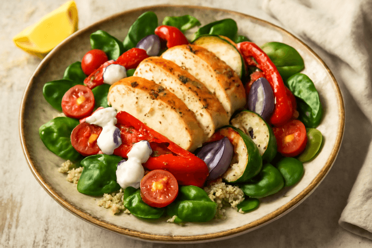 Kycklingsallad med rostade grönsaker och citronyoghurt