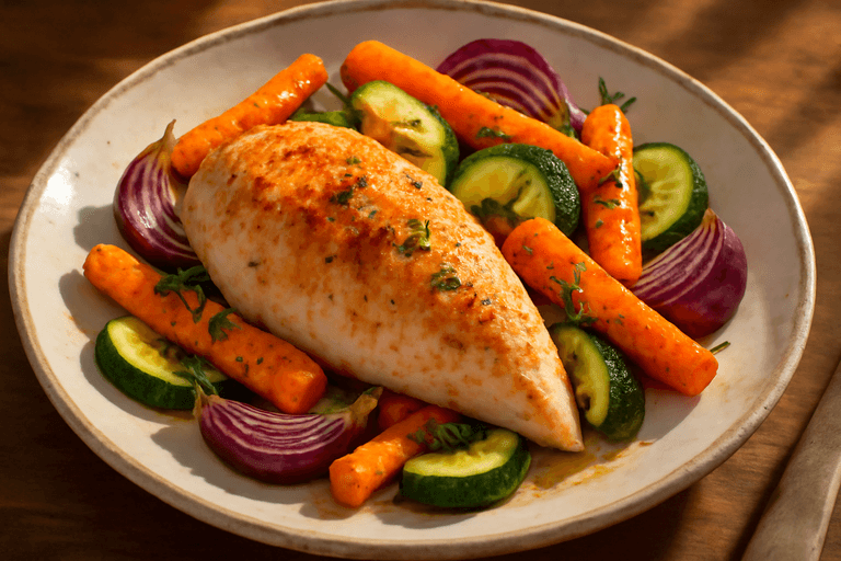 Pollo asado al horno con vegetales clásicos