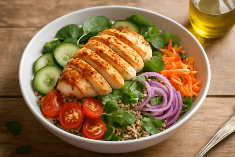 Ensalada clásica de pollo a la parrilla con quinoa y vegetales frescos