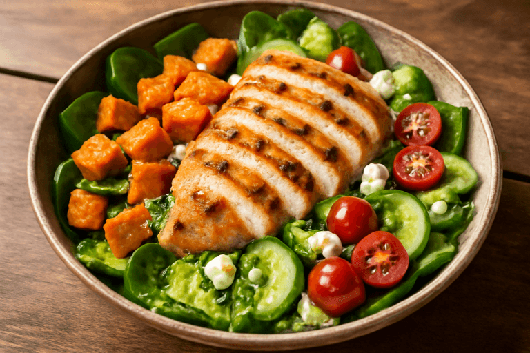 Proteinrik kycklingsallad med rostad sötpotatis