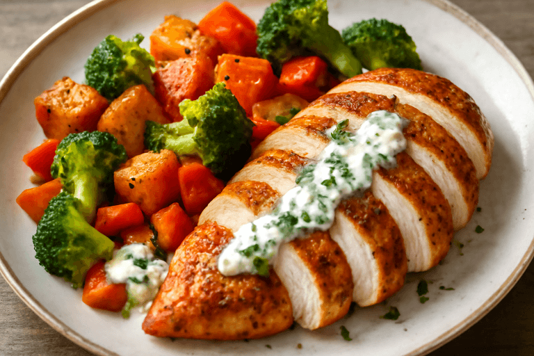 Saftig kycklingfilé med rostade grönsaker & örtig yoghurt