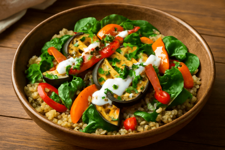 Salată caldă de quinoa cu legume la grătar și dressing de iaurt