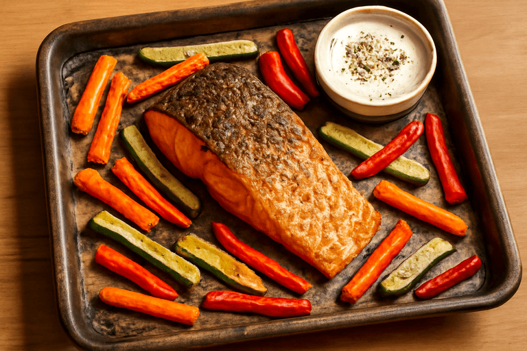 Pieczony łosoś z pieczonymi warzywami i lekko cytrynowym sosem jogurtowym