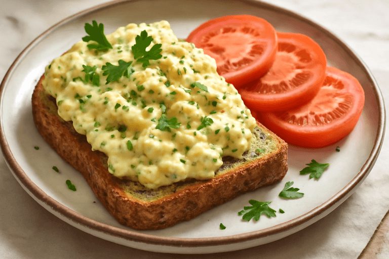 Proteinreiches Kräuter-Rührei mit Vollkorntoast und Tomaten