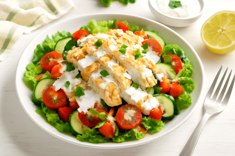Leichter Hähnchen-Gemüse-Salat mit Joghurt-Zitronen-Dressing