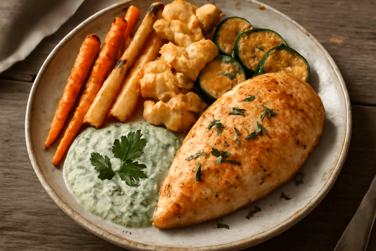 Ugnsbakad kycklingfilé med rostade grönsaker och örtsås