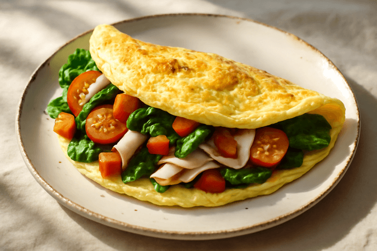 Klassisk omelett med färska grönsaker och kalkon