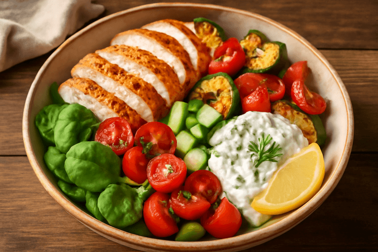 Kycklingsallad med rostade grönsaker och kall tzatziki