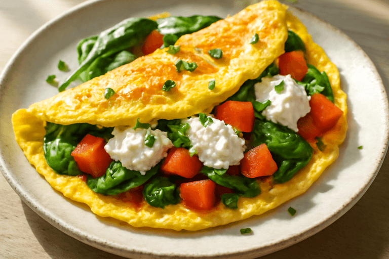 Omelette vegetariana ricca di proteine con spinaci e pomodori