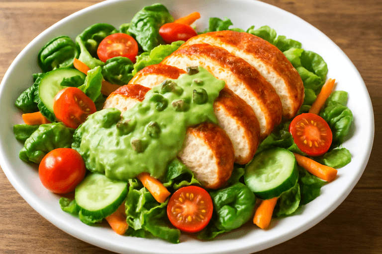 Kryddig kycklingsallad med avokadodressing