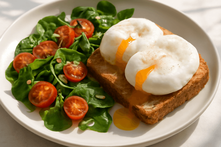 Mic Dejun Clasic cu Ouă Poșate și Salată Vibrantă