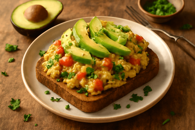 Jajecznica z warzywami i awokado na pełnoziarnistym toście