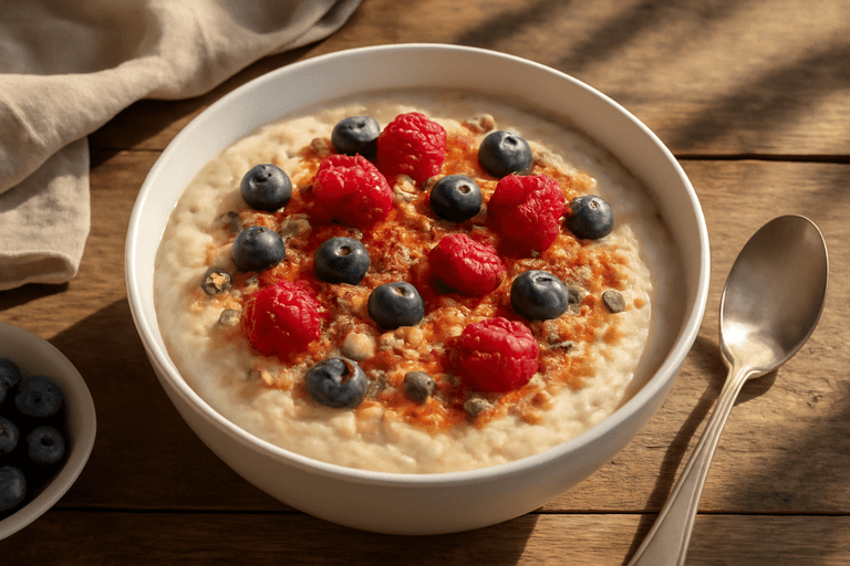 Protein-Porridge mit frischen Beeren und Mandeln