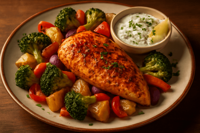 Saftig kyllingfilet med ovnsbakte grønnsaker og urterik yoghurt-dressing