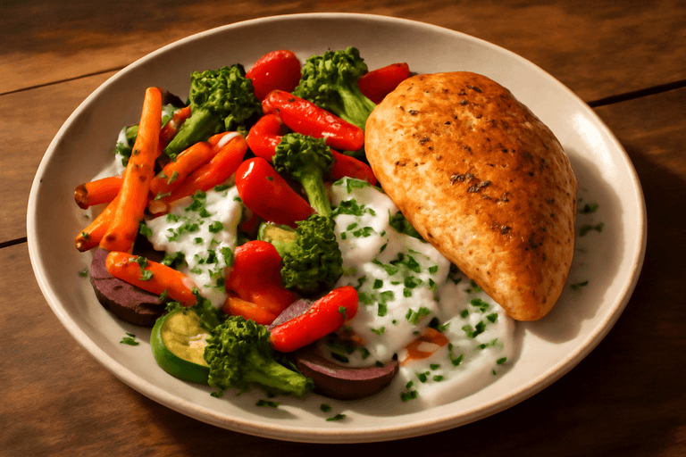 Kyllingfilet med ovnsbakte grønnsaker og frisk urtedressing