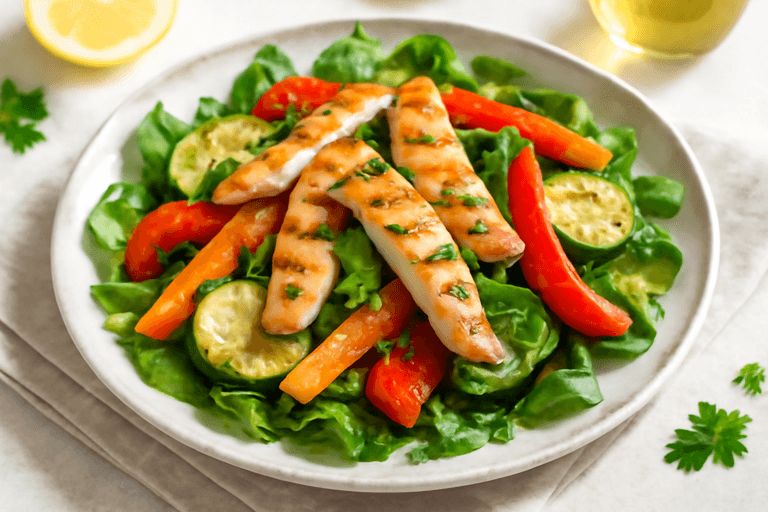 Salată caldă de pui cu legume la grătar