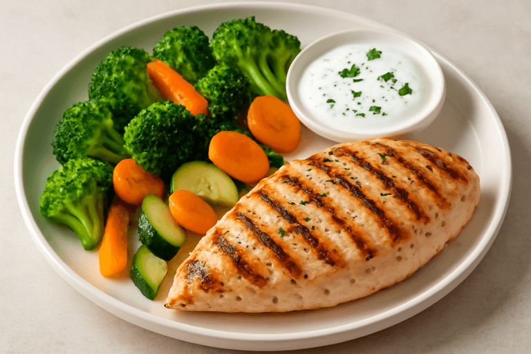 Piept de pui la grătar cu legume la aburi și sos de iaurt