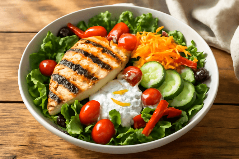 Salată clasică cu piept de pui la grătar și legume crocante