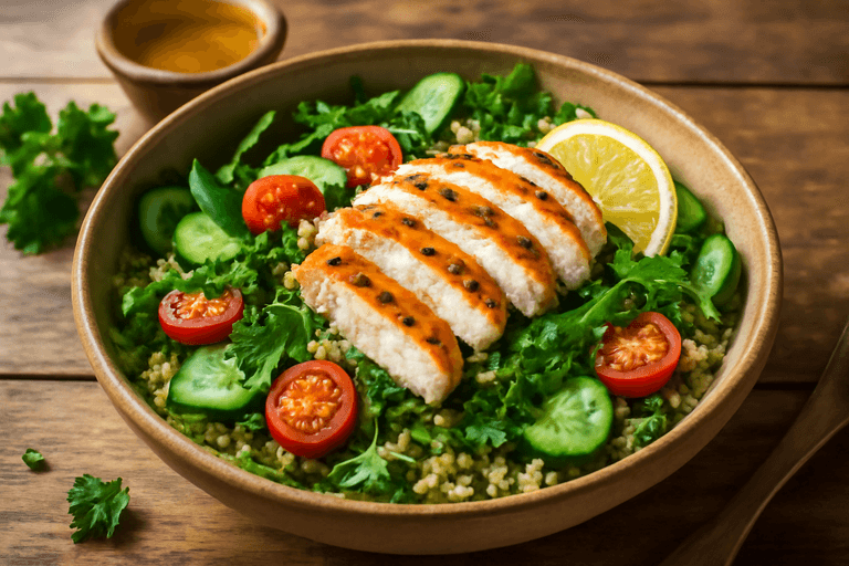 Salată energizantă de pui la grătar cu quinoa și legume proaspete