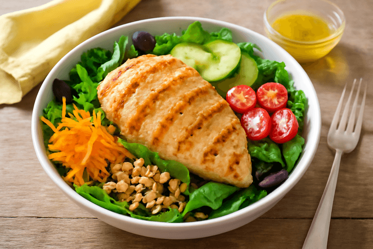 Salată energizantă cu piept de pui la grătar și legume proaspete
