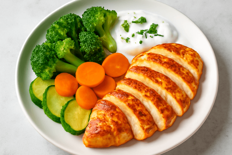 Pui la grătar cu legume la abur și sos de iaurt