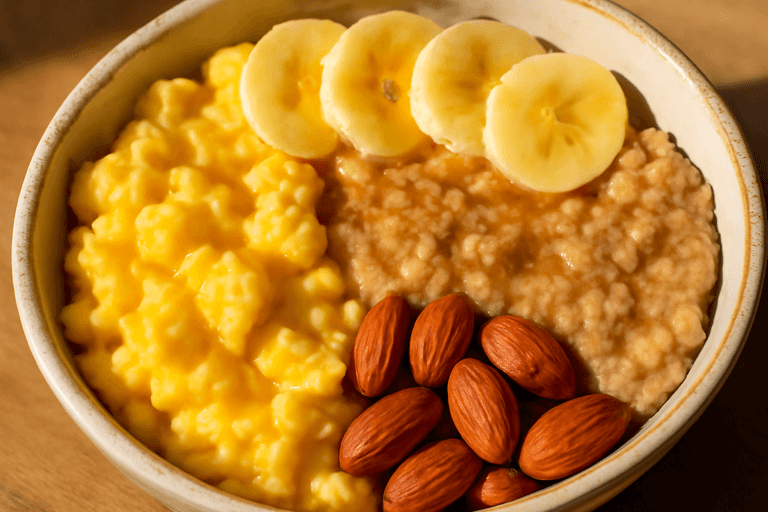 Power-Frühstücks-Bowl mit Rührei und Haferflocken