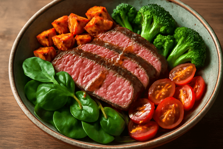 Herzhafte Rindersteak-Bowl mit Süßkartoffeln und Brokkoli