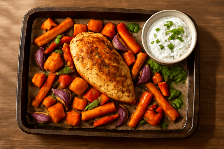 Kycklingfilé med ugnsbakade grönsaker och krämig yoghurtsås