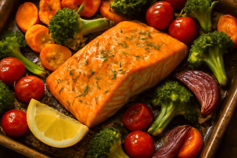Ugnsbakad lax med färgstarka grönsaker