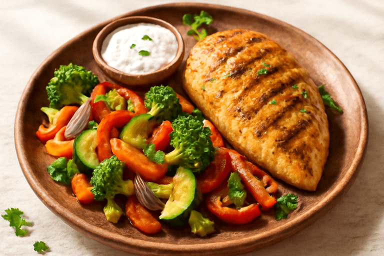Grillowana pierś z kurczaka z warzywami i lekko czosnkowym sosem jogurtowym