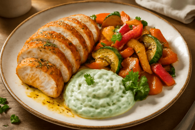 Kycklingfilé med rostade grönsaker och örtig yoghurt