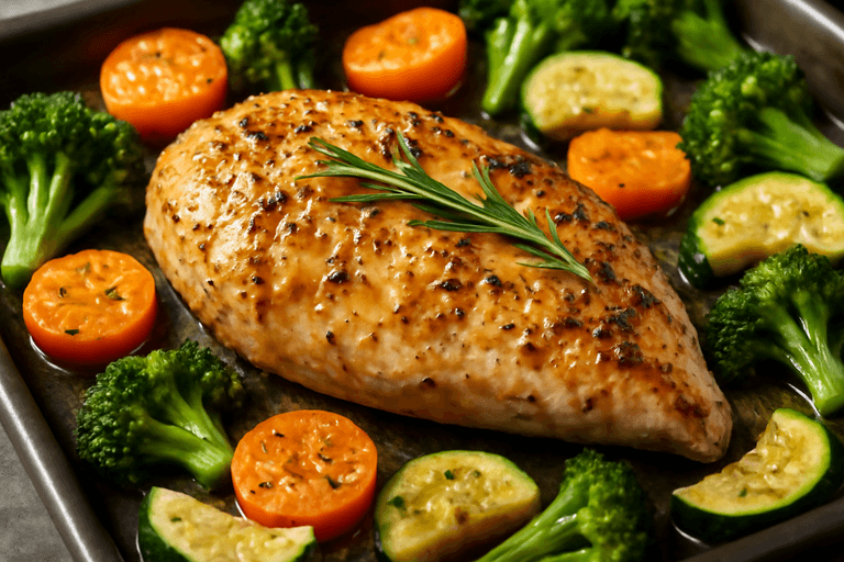 Pollo asado clásico con verduras al horno