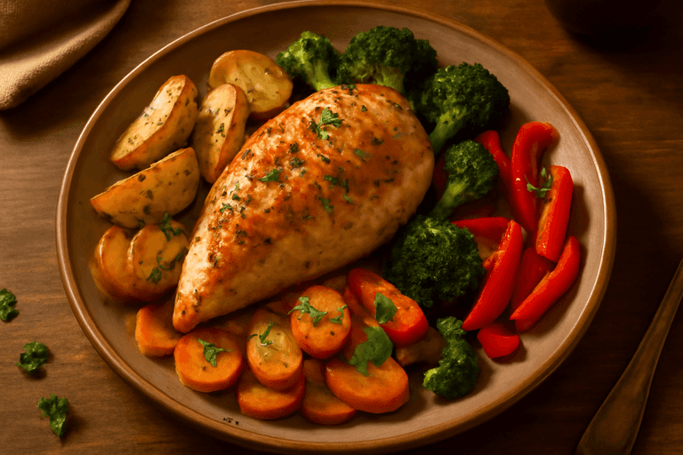 Energieboostende Klassieke Kipfilet met Geroosterde Groenten en Aardappelen