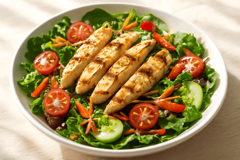 Ensalada de pollo al grill con vegetales frescos y vinagreta ligera