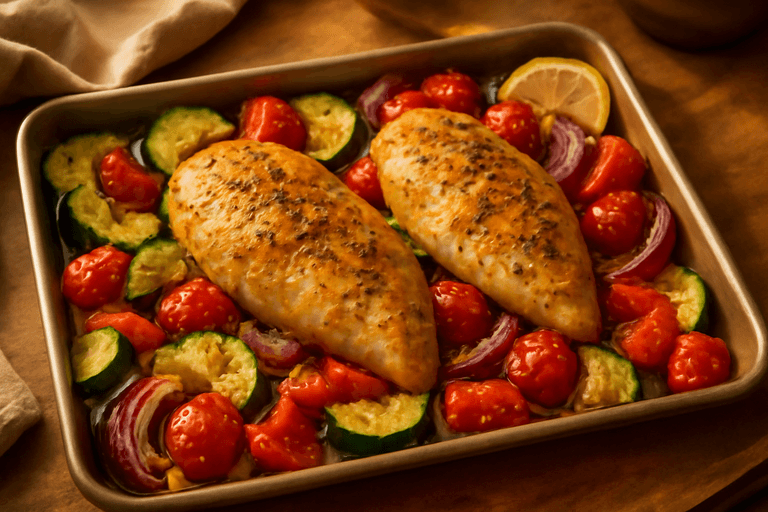 Mediterranes Hähnchen-Gemüse-Blech