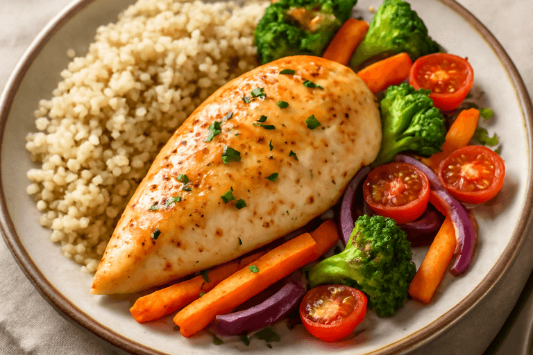 Saftig ovnsbakt kyllingfilet med grønnsaker & quinoa