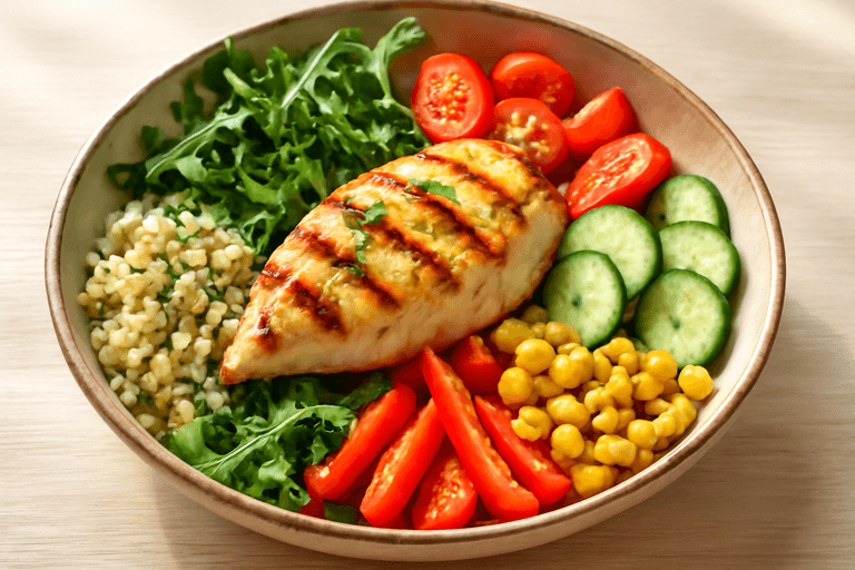 Lett Kyllingsalat med Fullkornsris og Friske Grønnsaker