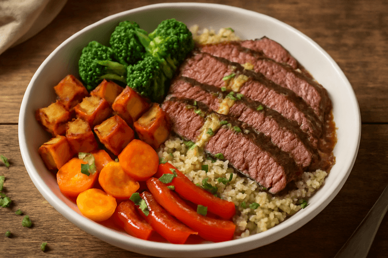 Proteinreicher Rindersteak-Bowl mit Süßkartoffeln und buntem Gemüse